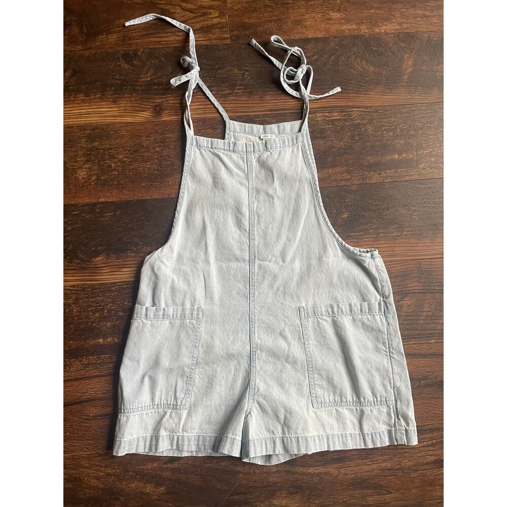 Aerie Denim Romper Shorts Adjustable Tie Straps Blue Chambray 100% Cotton  Med